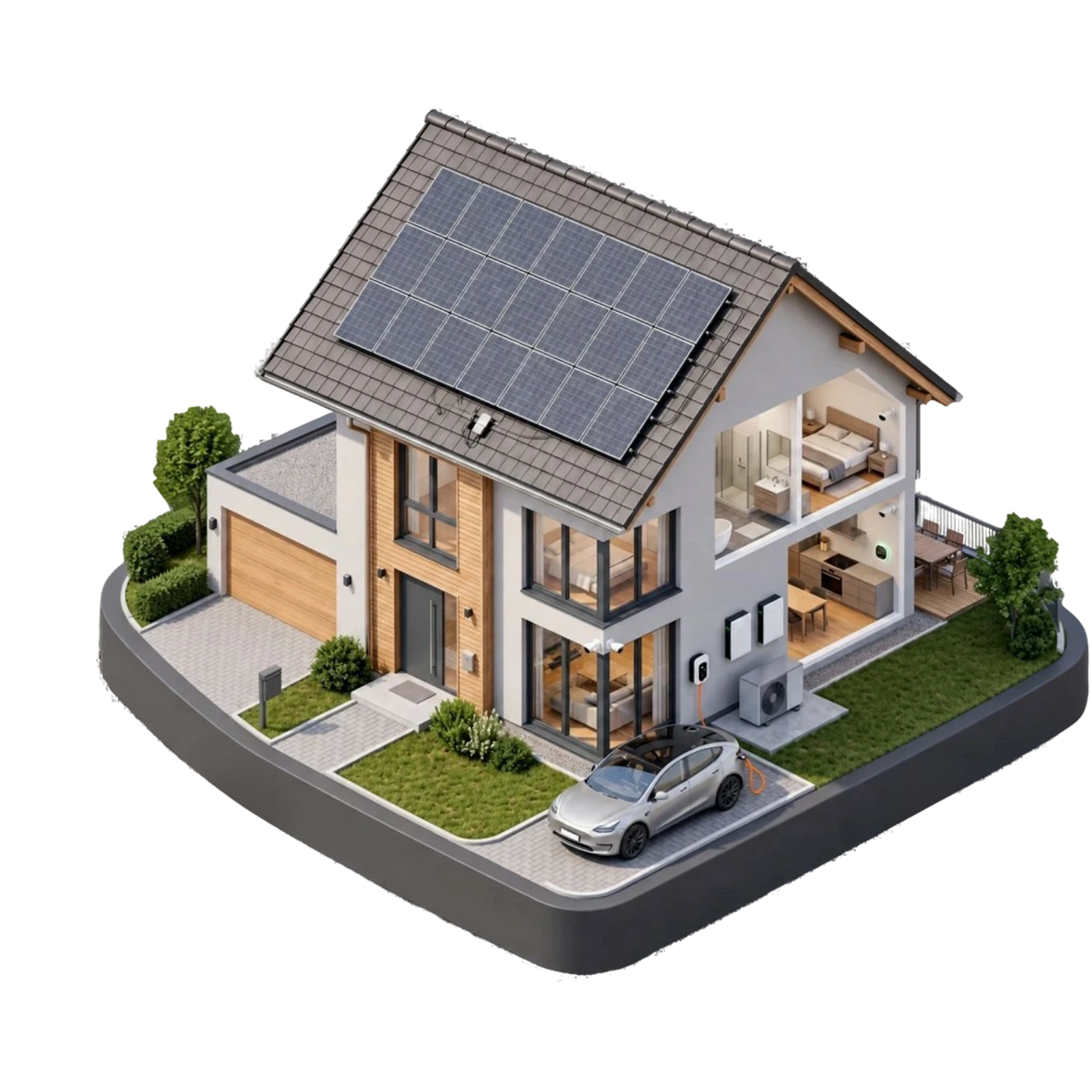 Haus im Schnitt mit Photovoltaik, Stromspeichern, Wärmepumpe, Wallbox und vernetzter Gebäudetechnik