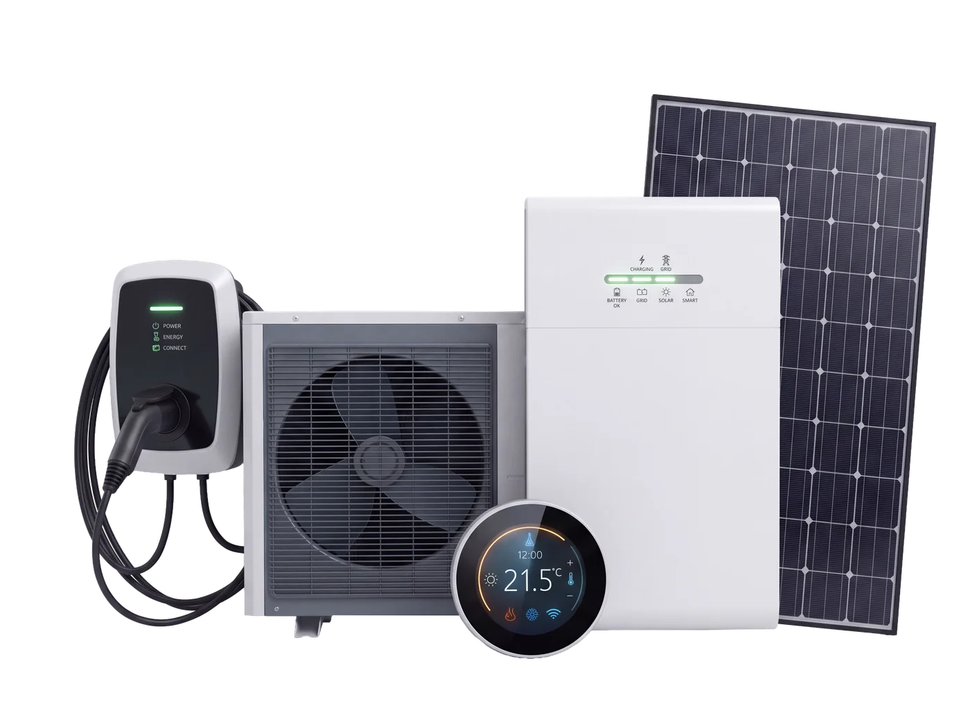 Solarpanel, Stromspeicher, Wallbox, Wärmepumpe und intelligente Heizungssteuerung